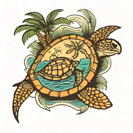 Sea Turtle And Island With Palm Trees