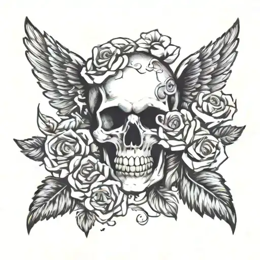 Wings And Roses With A Skull