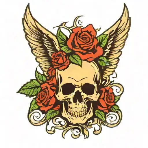 Wings And Roses With A Simple Skull