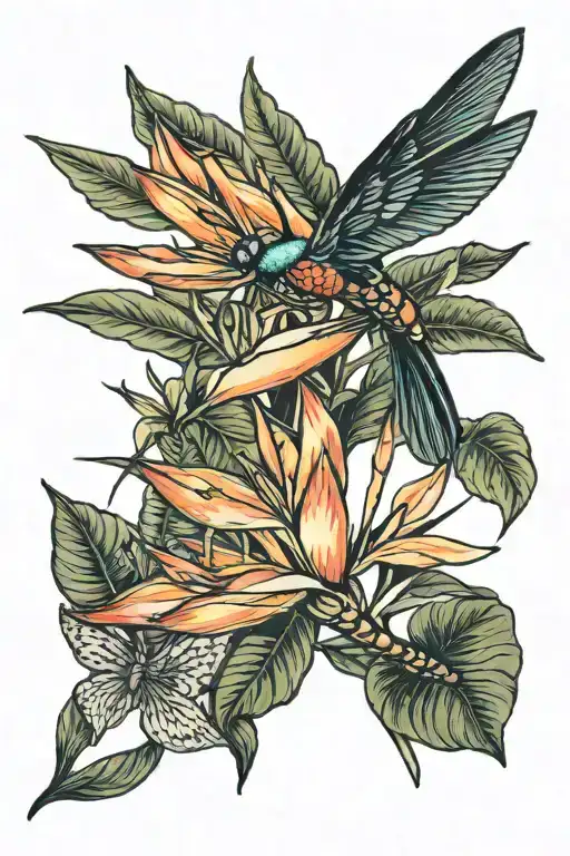 Bird Of Paradise Flower With Dragonfly Perched