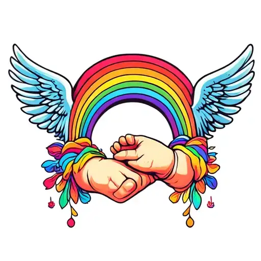 A Baby's Hand Holding A Rainbow With Wings Behind The Rainbow