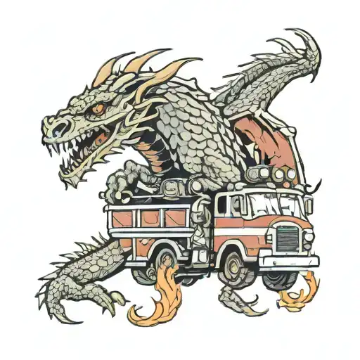 Firetruck Being Held By A Dragon With Valcano