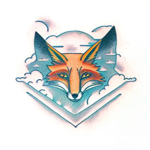 The Word Fox With A Mountain And Clouds Behind It Tattoo
