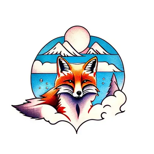 The Word Fox With A Mountain And Clouds Behind It Tattoo