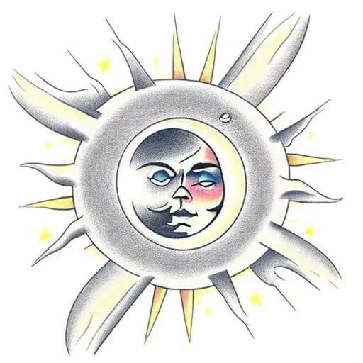 Sun With A Moon Inside And Clouds Surrounding
