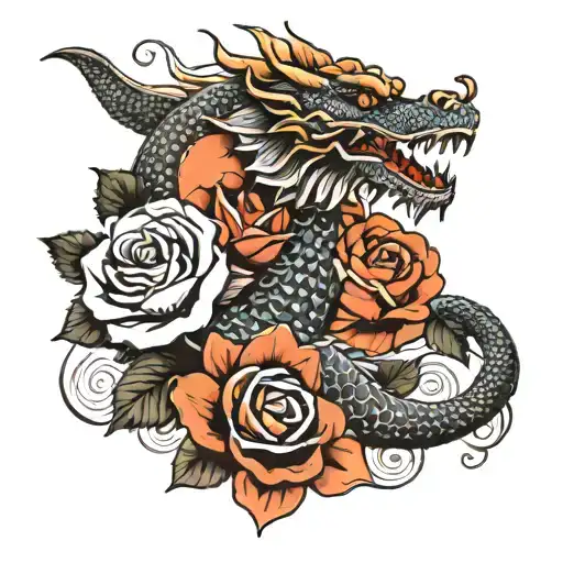 Dragon With Roses With Koi Fish Swimming