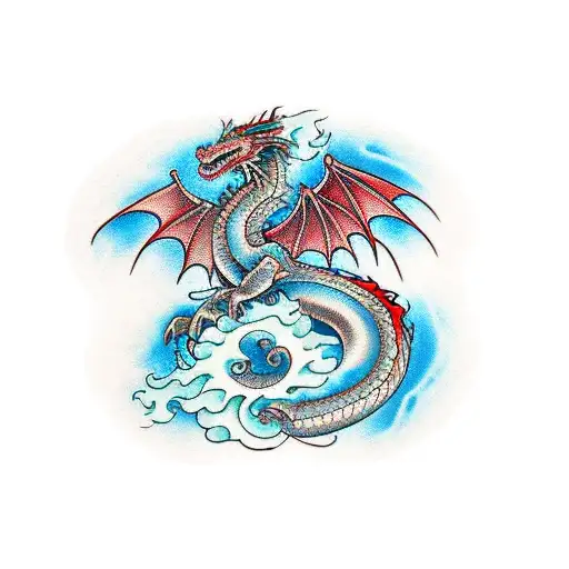 Dragon With Long Curly Tail And Fire