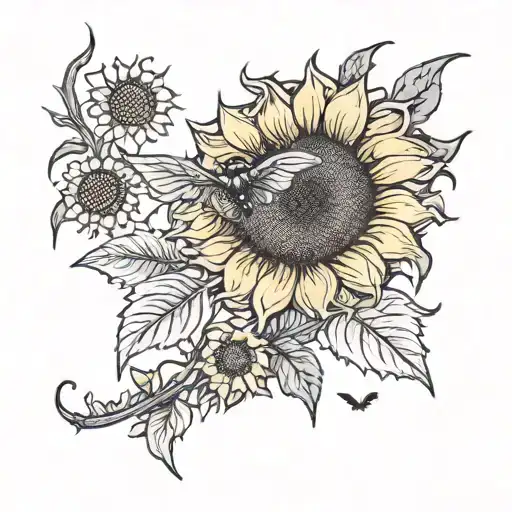 Sunflower With Bats Flying Away