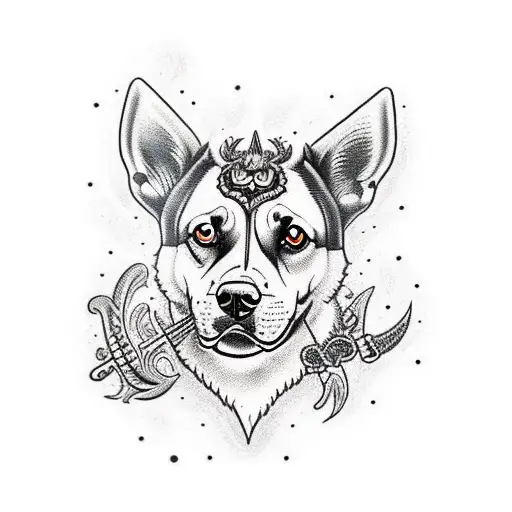 A Traditional Tattoo Of A Fierce And Majestic Dog Surrounded By Ornamental Elements