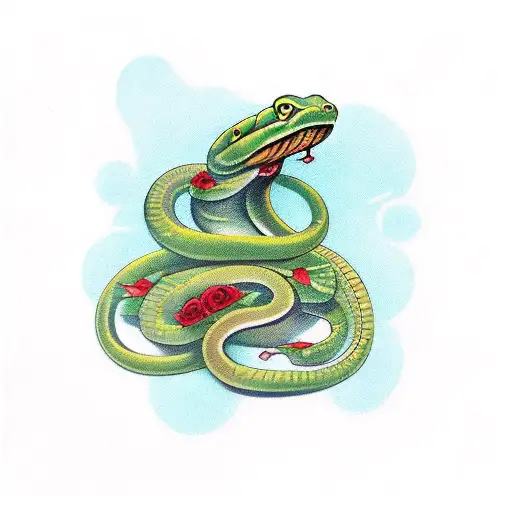 Green Snake Wrapped Apples Around A Few Red Roses