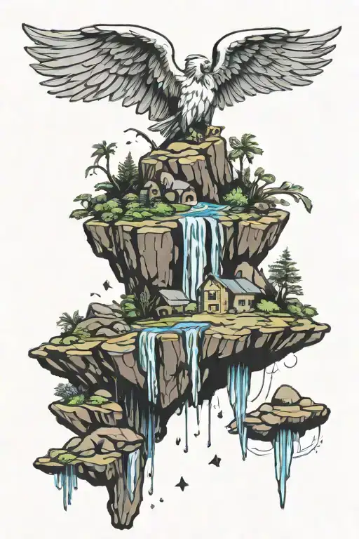 Floating Island With Rocks Falling Angel With Feathers Flying