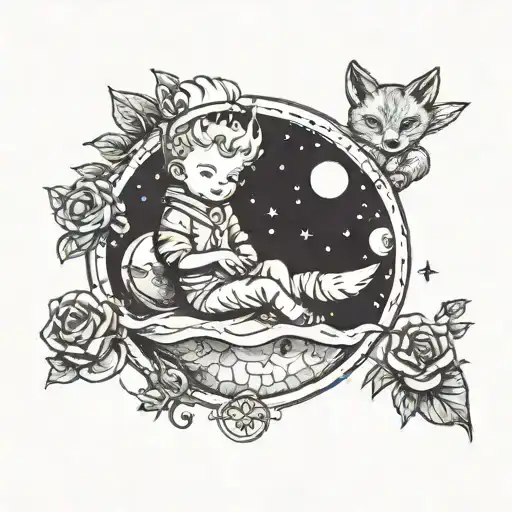 Little Prince Sitting On A Planet With Fox And Rose