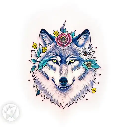 Wolf And Flowers And Mountain