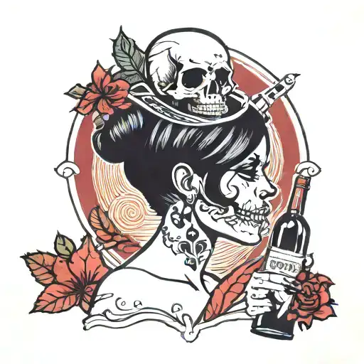 Old School Style Minimalist Tattoo Of Female Skull With Black Power Hair Holding A Bottle Of Wine
