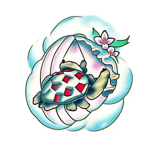 Small Turtle With A Cherry Blossom In The Shell