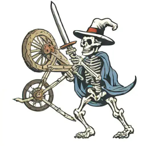 Skeleton Holding Sword And Wagon Wheel