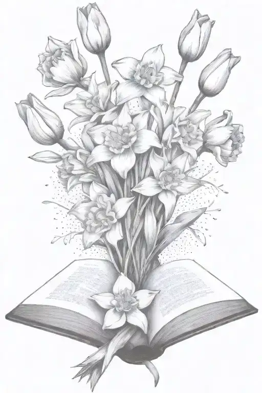 Daffodils And Tulips Bouquet Over An Open Book