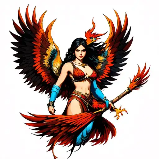 Warrior Woman Surrounded By A Phoenix With Deployed Wings