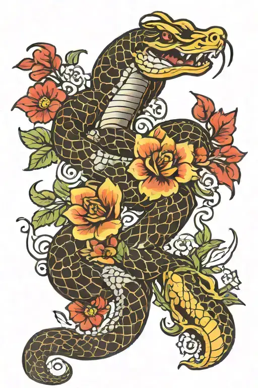 Chinese Snake And Flowers Intertwined