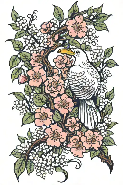 White Bird Tangled In Cherry Blossom Vines