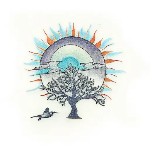Tree With Bird And Sun