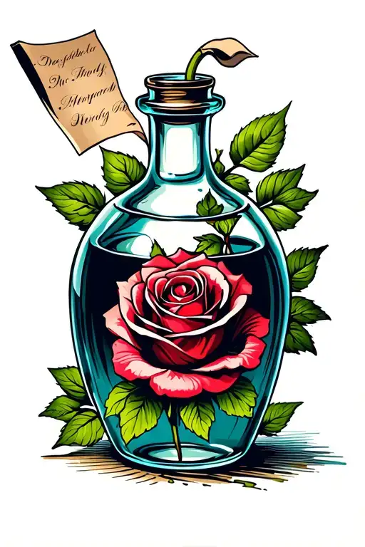 Bottle With Liquid And A Rose Inside And A Piece Of Paper That Comes Out From The Neck Of The Bottle
