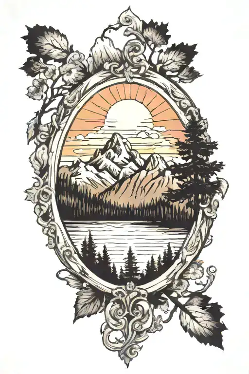 Mountains And Lake With A Tree Oval Frame Colour