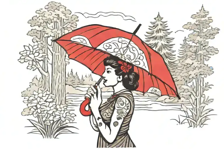 Woman Holding Red Umbrella In Forest