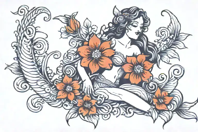 Female Siren With Flower And Serpants