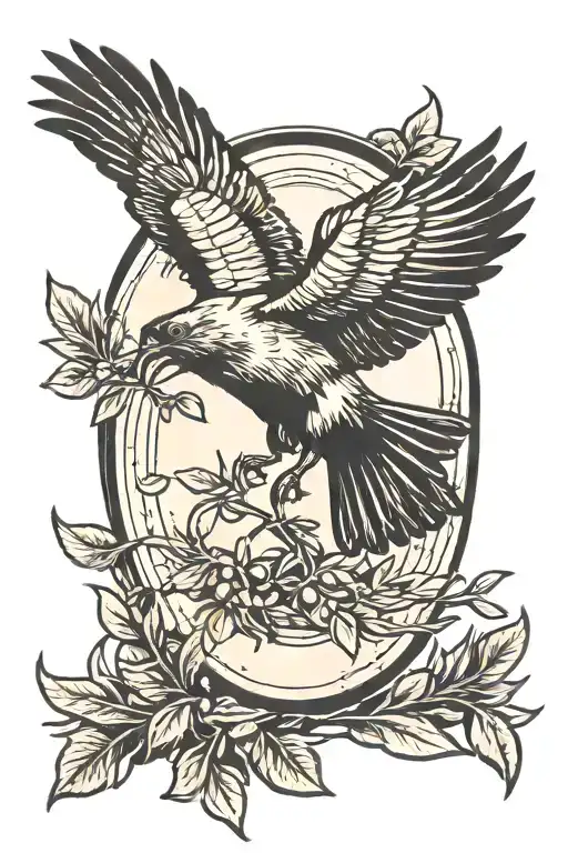 Crow In Flight Holding Olive Branch