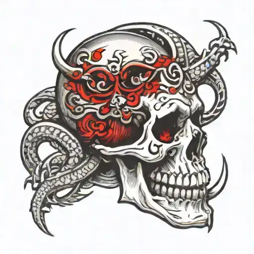 Skull With A Dragon Wraped Around The Scull Red And Black