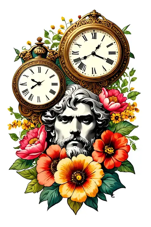Leon's Face With A Clock Behind And Flowers
