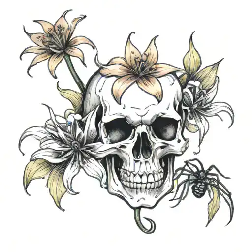 Colored Drawing Of A Skull And A Spider Lily