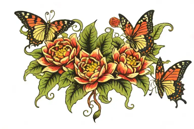 1 Water Lily In Between 2 Red Roses And 3 Butterflies Flying Around