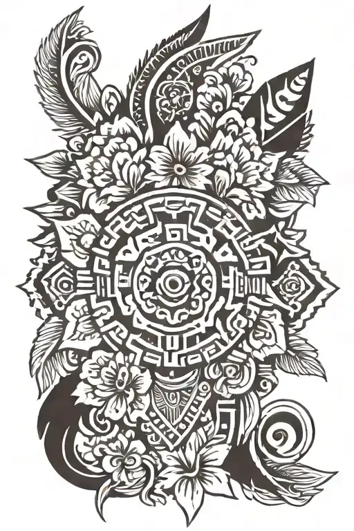 Thin Aztec Spine Tattoo With Flowers