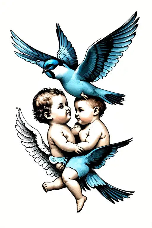 2 Baby Angel And A Swallow Bird Flying