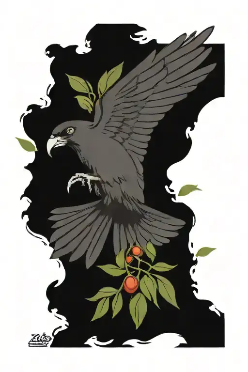 Crow In Flight Holding Olive Branch