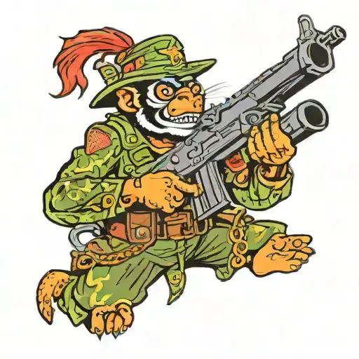 Soldier Orangatang With A Machinge Gun Surrounded