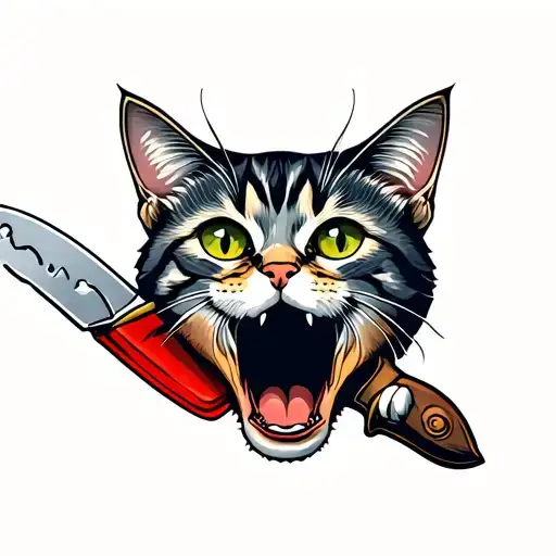 Cat With Knife In Open Mouth