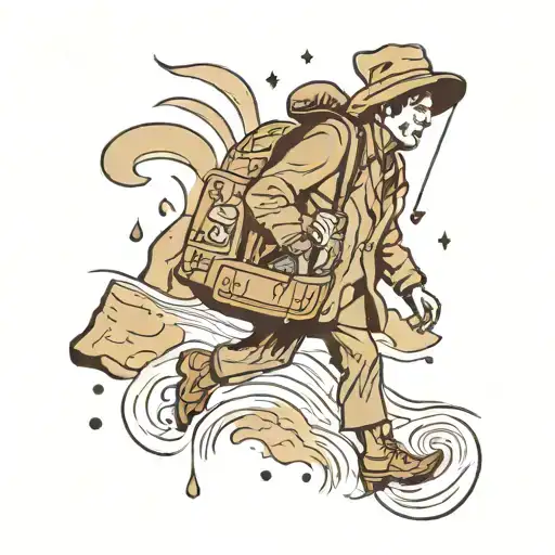 Man In The Rain Going Up Mountain With A Magical Bag