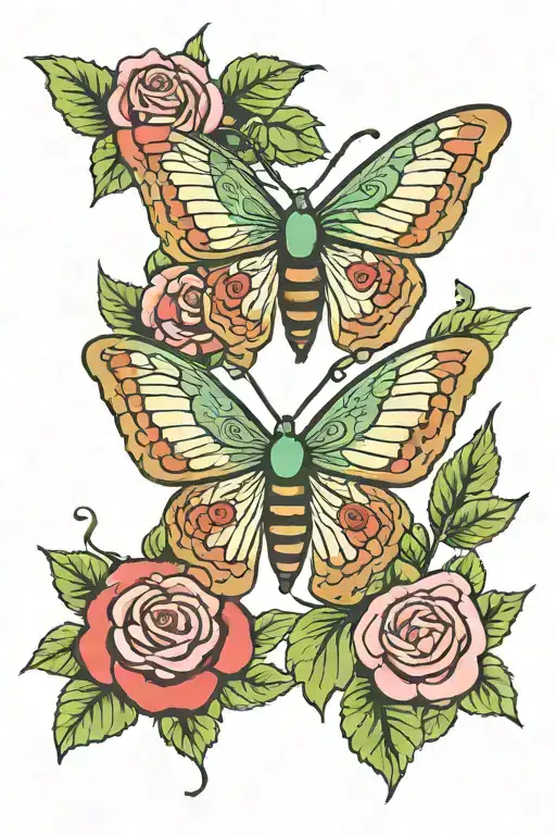 A Moth With Roses And Green Leafs Around