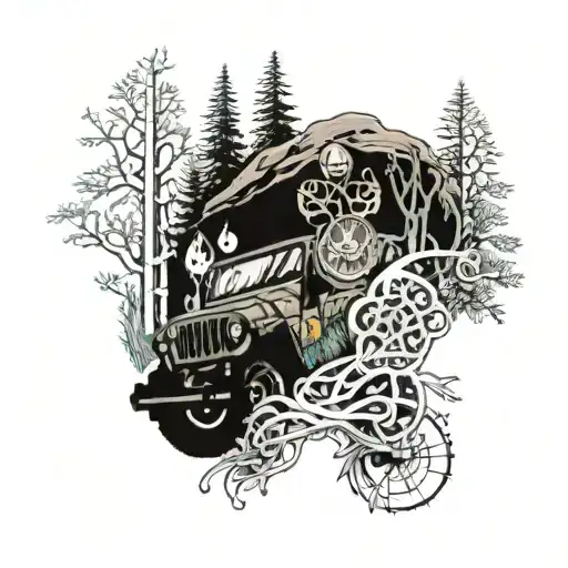 A Jeep Driving Through A Forest Filled With Magical Wiccan Symbols