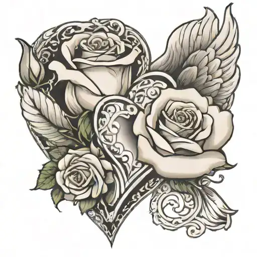 White Rose Within A Heart With Angel Wings Spread