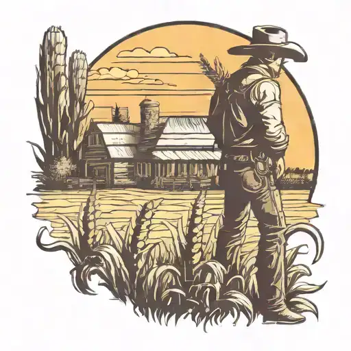 Old Barn Sunset Scene Corn Stalk Framing Scene Cowboy Silhouette