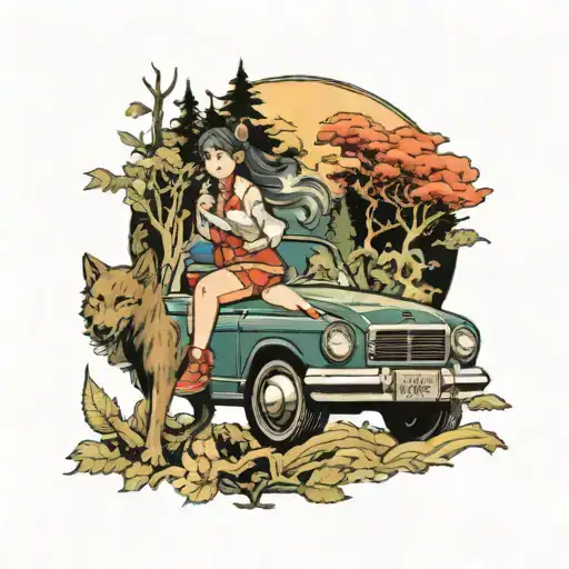 An Anime Girl Riding A Japanese Car Through A Forest With A Wolf Running Alongside