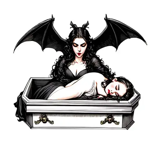 Female Vampire Sleeping In A Coffin With A Winged Bat Decorating The Top Of The Coffin