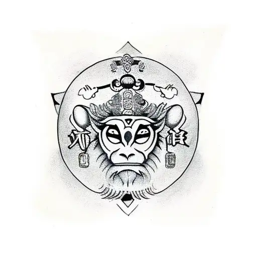 Black And White Jester Head With Chinese Year Of The Monkey Symbol In Right Eye
