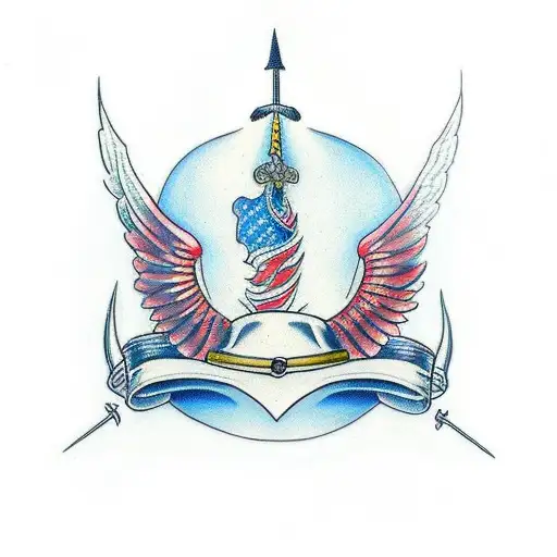 A Powerful And Intricate Tattoo Depicting A Soldier's Helmet Surrounded By Angel Wings