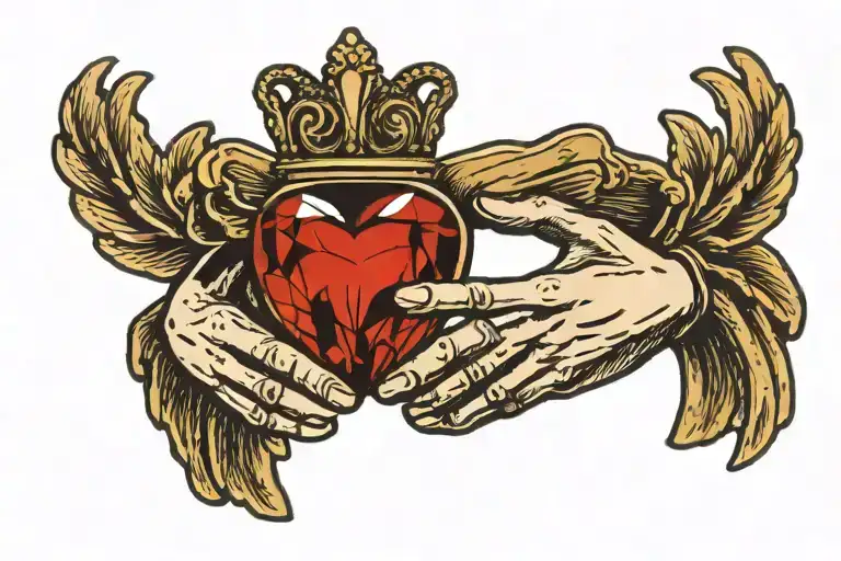 Claddagh Ring With The Hands Holding A Red Gemstone Heart Wearing A Cool Crown