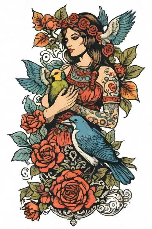 A Naked Girl In A Kokoshnik And Slavic Ornament Holds A Bird In Her Hand